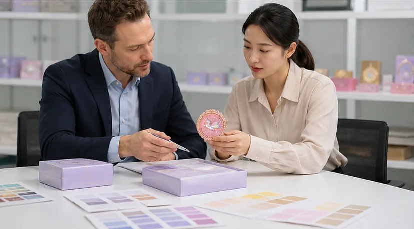 Buyer reviewing a compact mirror sample with a product specialist