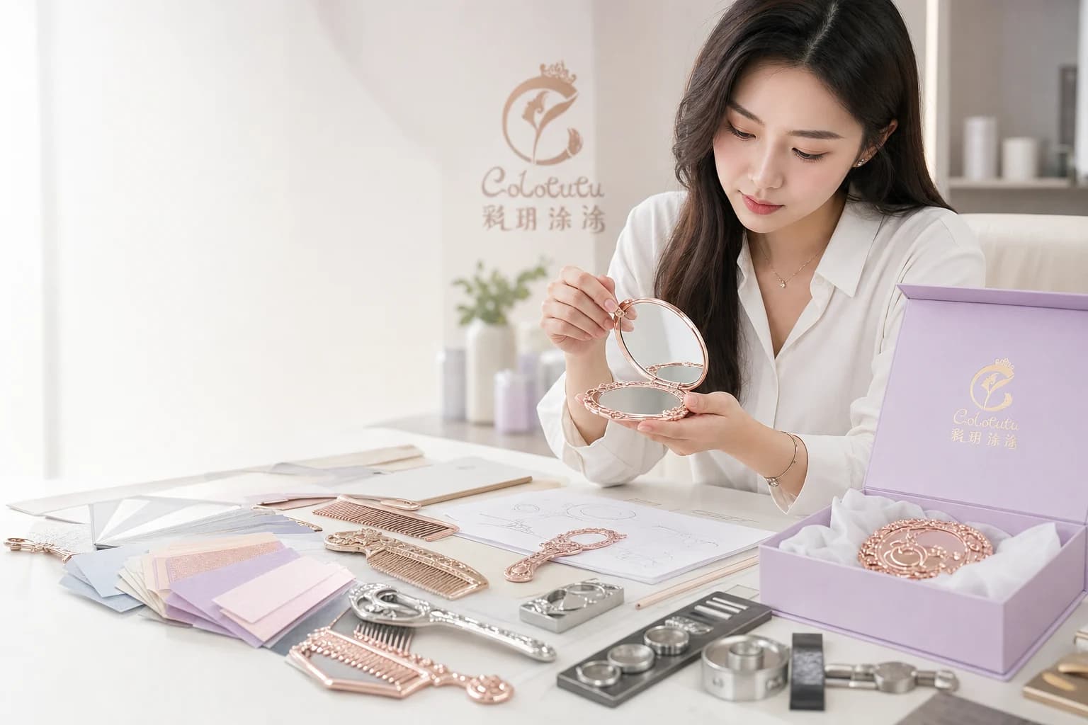 Colotutu product engineer reviewing a custom compact mirror and gift-box sample